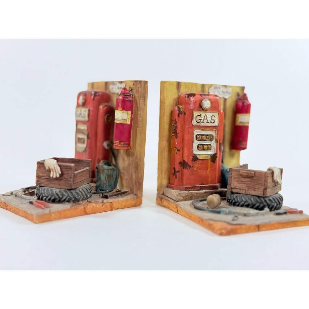 Vintage Gas Station Bookends Hand Painted Resin Retro Service Station Decor